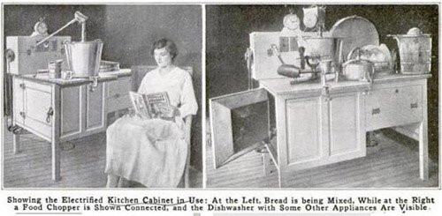 Tủ bếp điện là phát minh được sáng tạo với mục đích giúp các bà nội trợ đảm đương công việc gia đình theo các phương thức đặc biệt. Bằng cách tích hợp phần cứng kết nối với động cơ, chiếc tủ này có chức năng nhào bột bánh mì, cắt thực phẩm, làm kem. Nó cũng là sản phẩm hỗ trợ rửa bát đĩa tự động và đồng hồ báo. Dễ dàng nhận thấy, phát minh này đã được tách rời từng nhiệm vụ cho từng thiết bị riêng ngày nay.