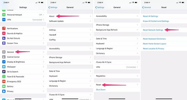  Cách 5 (dành riêng cho iPhone): Người dùng cũng có thể reset lại các thiết lập mạng theo các bước vào Settings &gt; General &gt; Reset &gt; Reset Network Settings. Khi ấy các thiết lập mạng sẽ xoá bỏ mọi mật mã Wi-Fi, kết nối VPNhay thiết lập APN nào đã lưu và bạn phải kết nối lại.