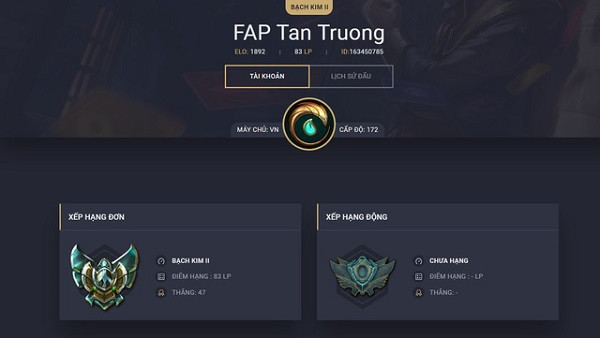 Tên tài khoản ingame của danh thủ này là FAP Tan Truong và hiện đang ở rank Bạch Kim II. Đã hơn 30 tuổi nhưng Tấn Trường vẫn thi đấu ở một trong những vị trí "gánh team" của LMHT.