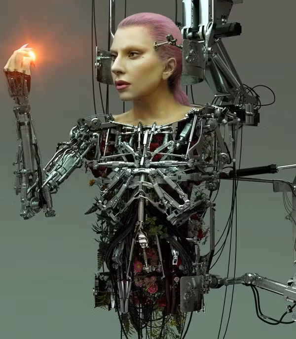 Với chủ đề "Kết cục của sự biến đổi", bộ ảnh là sự kết hợp giữa nghệ thuật, trí tuệ nhân tạo cùng các máy móc công nghệ cao. Trong không gian ngoài Trái Đất, nữ robot bao quanh bởi những ổ, dây cắm điện đính dày đặc trên cơ thể.