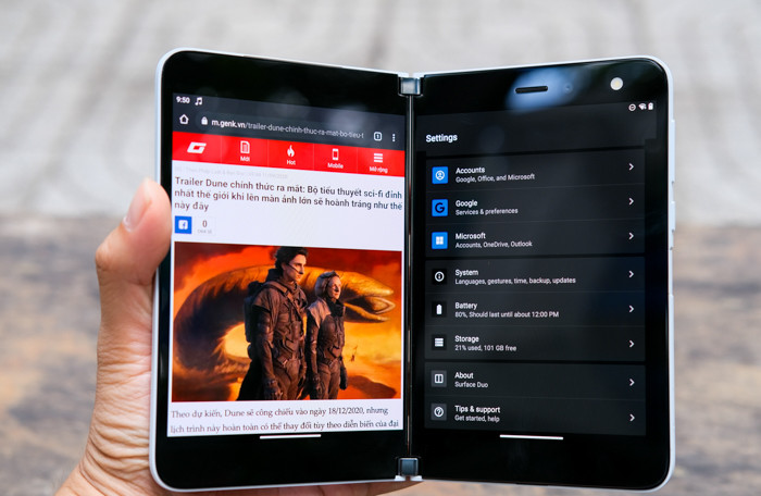 Surface Duo chạy Snapdragon 855, 6GB RAM, 128/256GB bộ nhớ trong và pin dung lượng 3577 mAh. Tuy có nhiều trải nghiệm hay ho nhưng giá khá cao sẽ là một cản trở đối với người dùng.