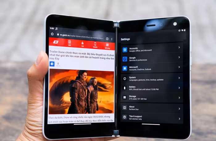 Surface Duo chạy Snapdragon 855, 6GB RAM, 128/256GB bộ nhớ trong và pin dung lượng 3577 mAh. Tuy có nhiều trải nghiệm hay ho nhưng giá khá cao sẽ là một cản trở đối với người dùng.