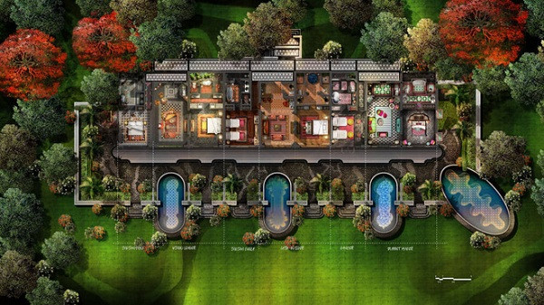 Bensley có rất nhiều bản thiết kế "sở người" trong WorldWild, từ biệt thự, chung cư cao tầng đến lâu đài, biệt viện... Tất cả đều rất gần gũi với thiên nhiên khi bao quanh bởi cây cỏ, hoa lá xanh tươi.