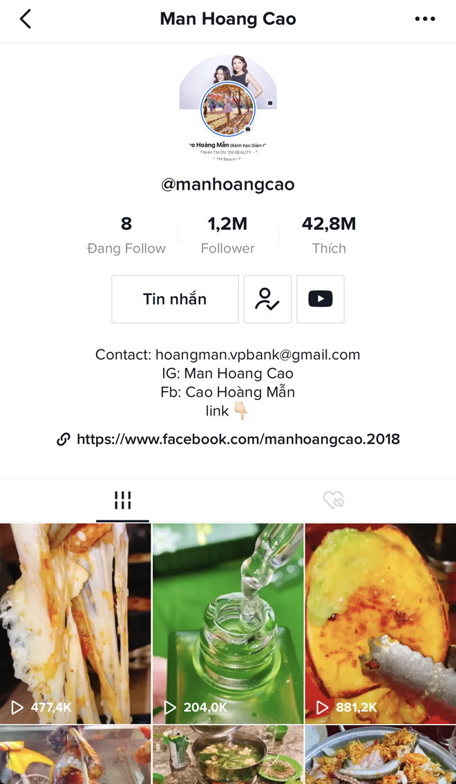 Bên cạnh tài khoản Facebook có hơn 270k lượt theo dõi, bà mẹ 1 con còn sở hữu kênh Tik Tok chuyên review ăn uống với hơn 1,2 triệu follows và 42,8 triệu likes.