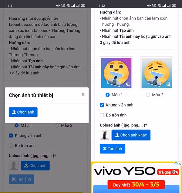 Để tự chế icon thương thương của riêng mình, bạn có thể truy cập vào trang web https://www.taoanhdep.com/2020/05/tao-icon-thuong-thuong-dang-om-anh.html, sau đó bấm vào chọn ảnh để tải lên bức ảnh mà bạn muốn tạo icon dưới dang đuôi .png.