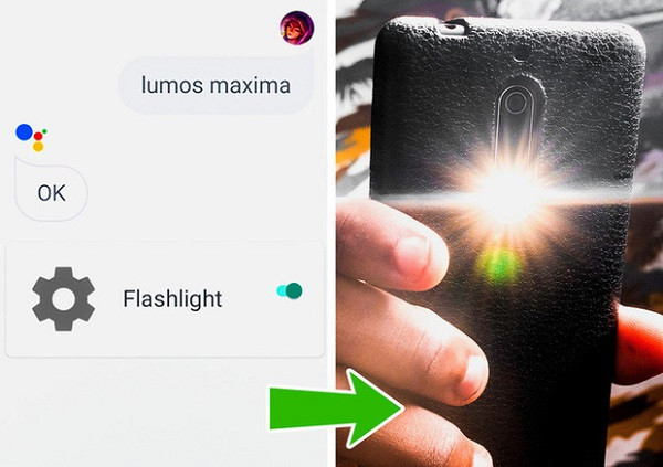 Có một bí mật công nghệ trên chiếc điện thoại Android đó là nếu bạn mở trợ lý của Google và đọc câu thần chú "Lumos Maxima", điện thoại sẽ tự động bật đèn pin. Sử dụng thần chú "Nox" sẽ tắt đèn, "Silencio" để tắt tất cả các thông báo và chuông.