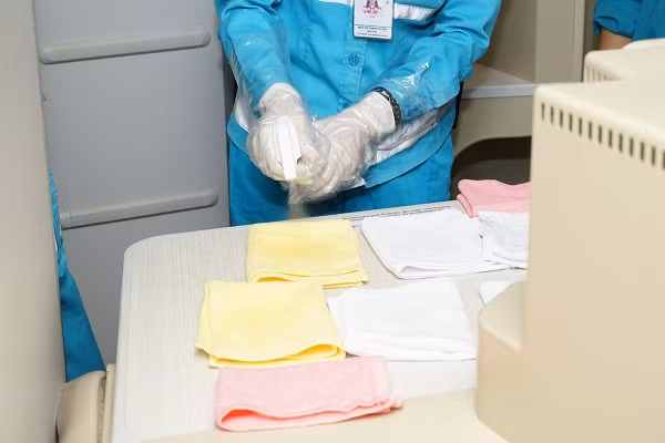 Nhân viên vệ sinh sử dụng hóa chất Netbiokem DSAM, một dung dịch khử trùng chuyên dụng được nhà sản xuất Airbus và Boeing chấp thuận để vệ sinh vật dụng cũng như bề mặt nội thất trên máy bay.