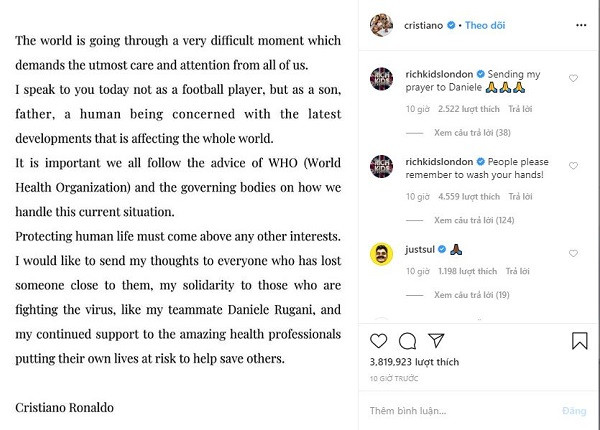 Bài đăng của cầu thủ Bồ Đào Nha trên mạng xã hội nhận được hàng triệu lượt yêu thích và bình luận từ các đồng nghiệp và người hâm mộ.