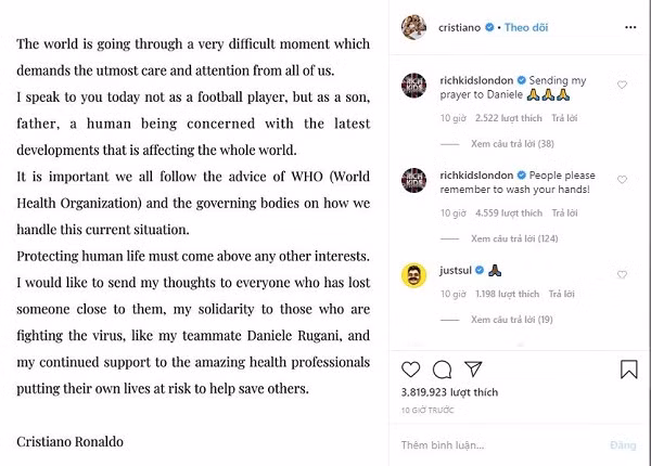 Bài đăng của cầu thủ Bồ Đào Nha trên mạng xã hội nhận được hàng triệu lượt yêu thích và bình luận từ các đồng nghiệp và người hâm mộ.