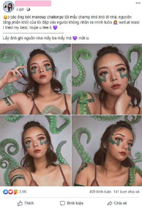 Và lần này, thánh nữ cosplay Việt Nam đã tái xuất và lợi hại hơn xưa khi khi chấp nhận "make up challenge" nhân vật Illaoi - cô nàng xúc tu gu cực "mặn" của LMHT.