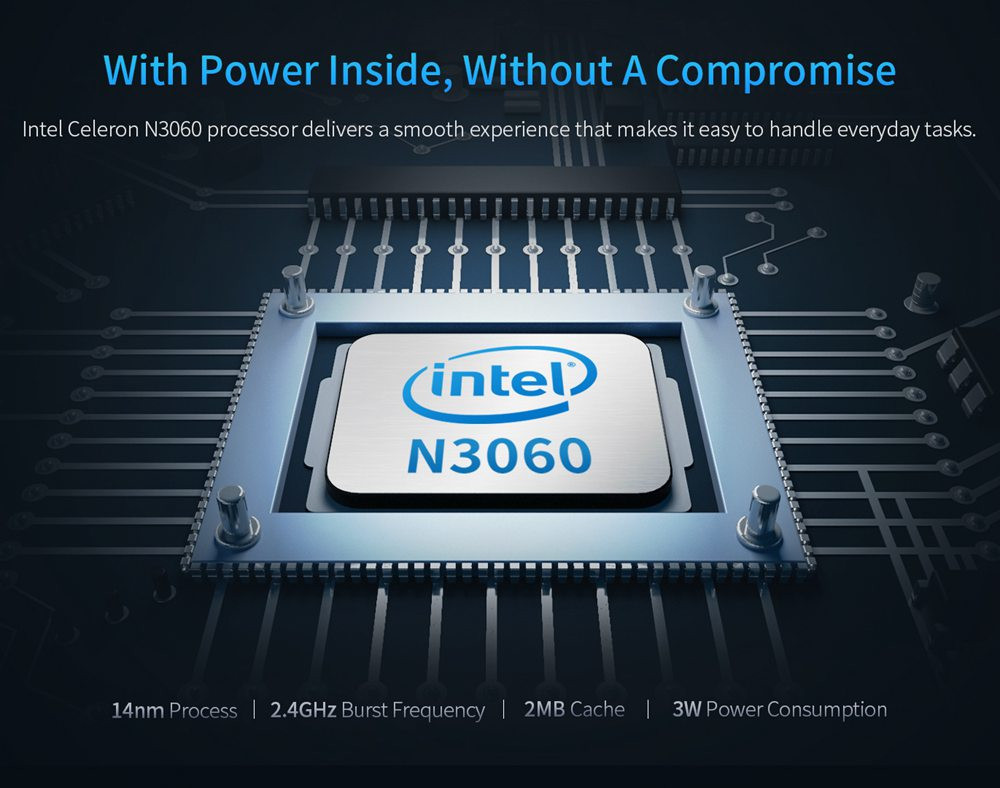 Không giống như một số PC dưới 100 USD thường thấy, B1 được chạy bộ vi xử lý CPU Intel Celeron N3060 đủ mạnh mẽ cho các tác vụ văn phòng cơ bản.