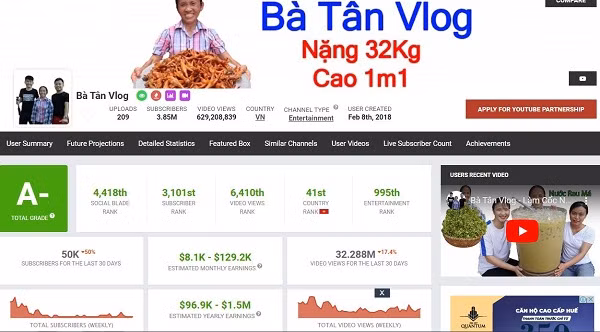 Ở thời điểm hiện tại, kênh Bà Tân Vlog đang có 3,85 triệu người theo dõi cùng với đó là khoảng 626 triệu lượt xem tuy nhiên gần đây trung bình chỉ thu hút được khoảng 90.000 đăng kí theo dõi mới mỗi tháng. Theo thống kê của Social Blade, số tiền Bà Tân Vlog có thể kiếm được từ Youtube là khoảng 8.100 USD đến 130.000 USD/tháng.