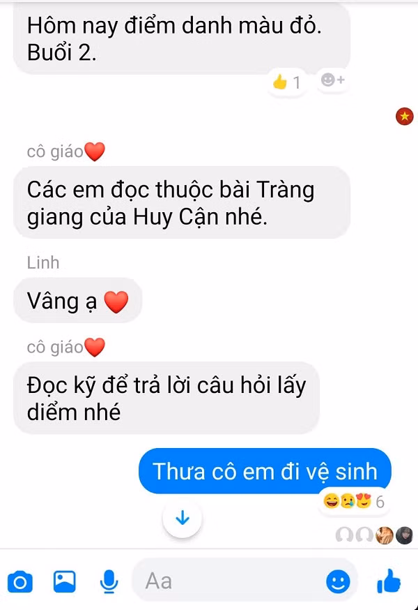 Khi học online việc điểm danh hay xin đi vệ sinh của học sinh, sinh viên cũng trở thành thật độc đáo, hài hước. Lớp học qua Facebook được chia sẻ mới đây khiến nhiều người phì cười vì đồng cảm.