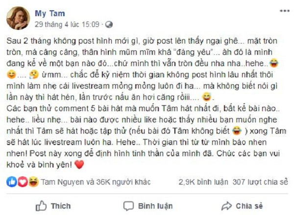 Được biết, trước đó Mỹ Tâm khá hào hứng và mong chờ đến buổi livestream này. Giọng ca "Họa mi tóc nâu" liên tục đăng tải những dòng trạng thái hỏi ý kiến về thời gian, cũng như các ca khúc nên thực hiện trong buổi phát trực tiếp.