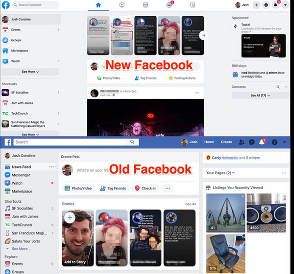 Giao diện cũ và mới của Facebook trên web.