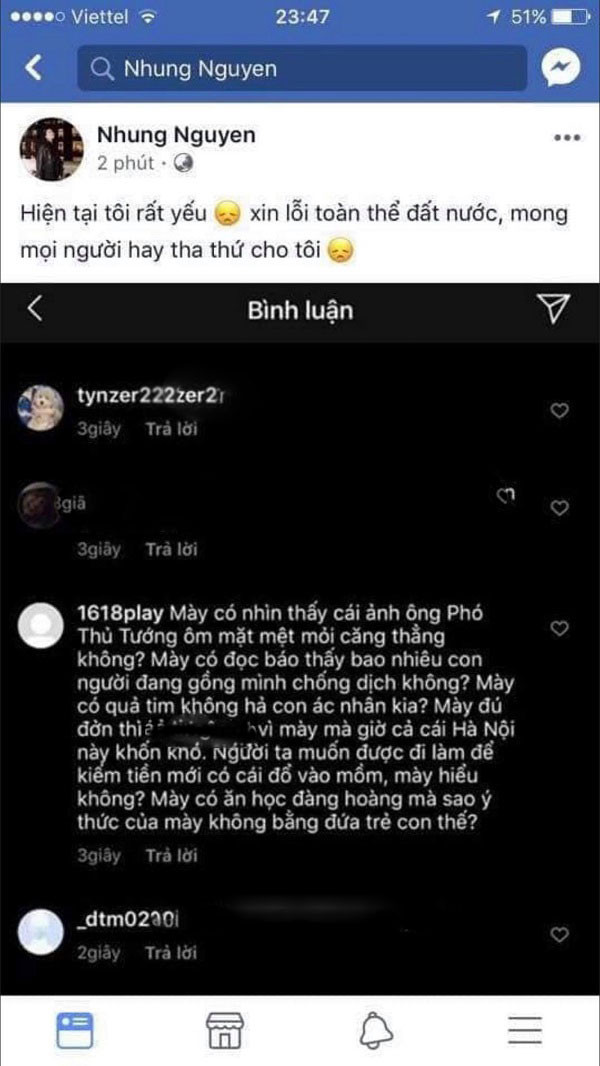 Một số tài khoản giả danh Nguyễn Hồng Nhung đăng dòng trạng thái lên tiếng xin lỗi cả nước vì đã không tự ý thức khai báo thành thật về tình hình bệnh: “Hiện tại tôi rất yếu. Xin lỗi toàn thể đất nước, mong mọi người hãy tha thứ cho tôi.”