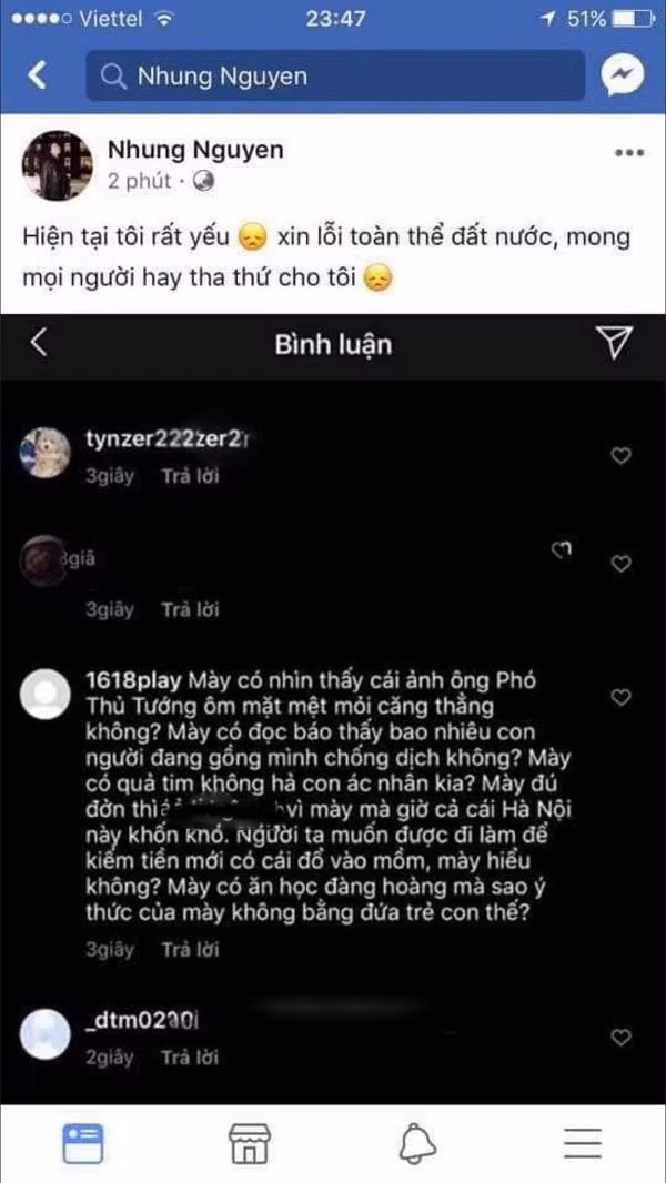 Một số tài khoản giả danh Nguyễn Hồng Nhung đăng dòng trạng thái lên tiếng xin lỗi cả nước vì đã không tự ý thức khai báo thành thật về tình hình bệnh: “Hiện tại tôi rất yếu. Xin lỗi toàn thể đất nước, mong mọi người hãy tha thứ cho tôi.”