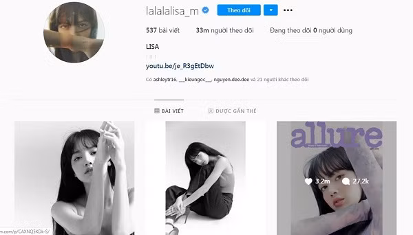 Mới đây, trang cá nhân Instagram của Lisa đã chính thức cán mốc 33 triệu người theo dõi. Với con số ấn tượng này, Lisa đã chính thức trở thành idol Kpop sở hữu lượt theo dõi cao nhất trên Instagram.
