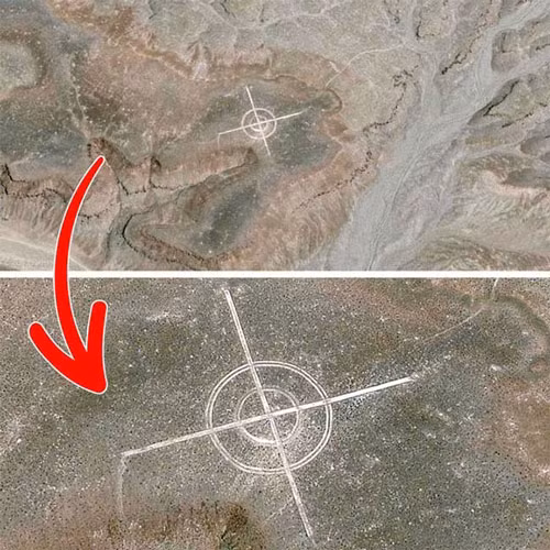 Trong bức ảnh là biểu tượng được sử dụng để làm hiệu chuẩn cho các tấm hình chụp từ trên cao. Và trên thực tế, có khá nhiều các căn cứ không quân trong sa mạc có biểu tưởng tương tự.