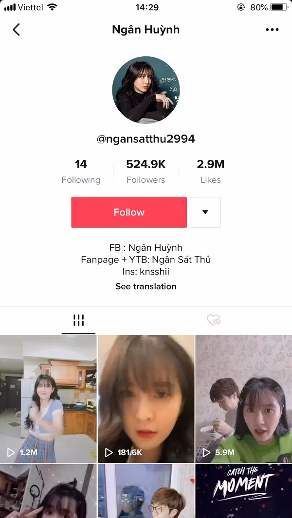 "Bạn gái tin đồn'' của ViruSs - Ngân Sát Thủ cũng sở hữu kênh TikTok hot nửa triệu người theo dõi. Cô nàng rất thích cover lại các điệu nhảy sexy, thỉnh thoảng lại bắt trend "vịt hoá thiên nga'', lipsync đáng yêu làm cộng đồng mạng bấn loạn.