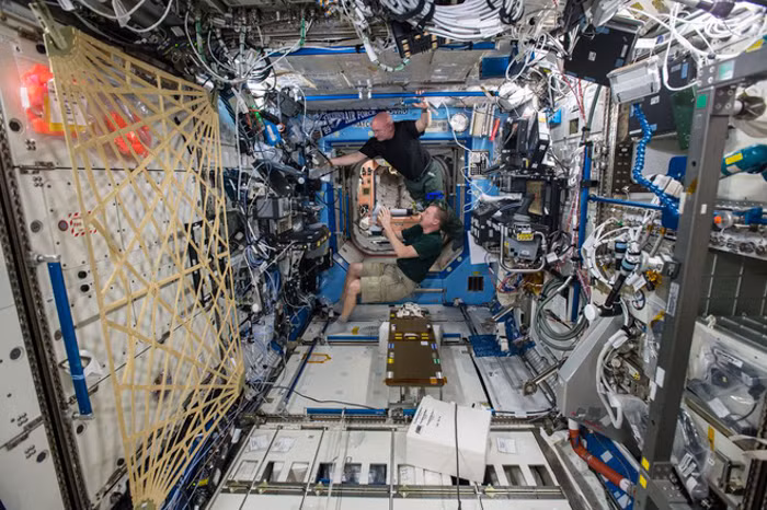 Các phi hành gia có xu hướng gặp vấn đề thị lực bị suy giảm trong không gian, vì vậy kiểm tra mắt thường xuyên là một phần của thói quen. Hai người trong ảnh đang thực hiện các bài kiểm tra mắt bên trong phòng thí nghiệm.