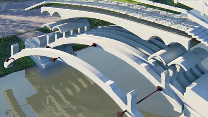 Việc chế tạo cây cầu gồm có một hệ thống in 3D. Hệ thống tích hợp các công nghệ như thiết kế kiến trúc kỹ thuật số, thế hệ tạo đường dẫn in, hệ thống kiểm soát vận hành và các công cụ in hiện đại. Các thành phần bê tông của cây cầu này đã được in toàn bộ bằng hai hệ thống cánh tay robot in 3D trong suốt 450 giờ.