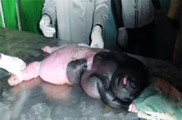 Các bác sĩ thú y tại Nigeria đã mất nhiều công sức giúp cừu mẹ sinh ra bào thai "nửa vật nửa người" này.