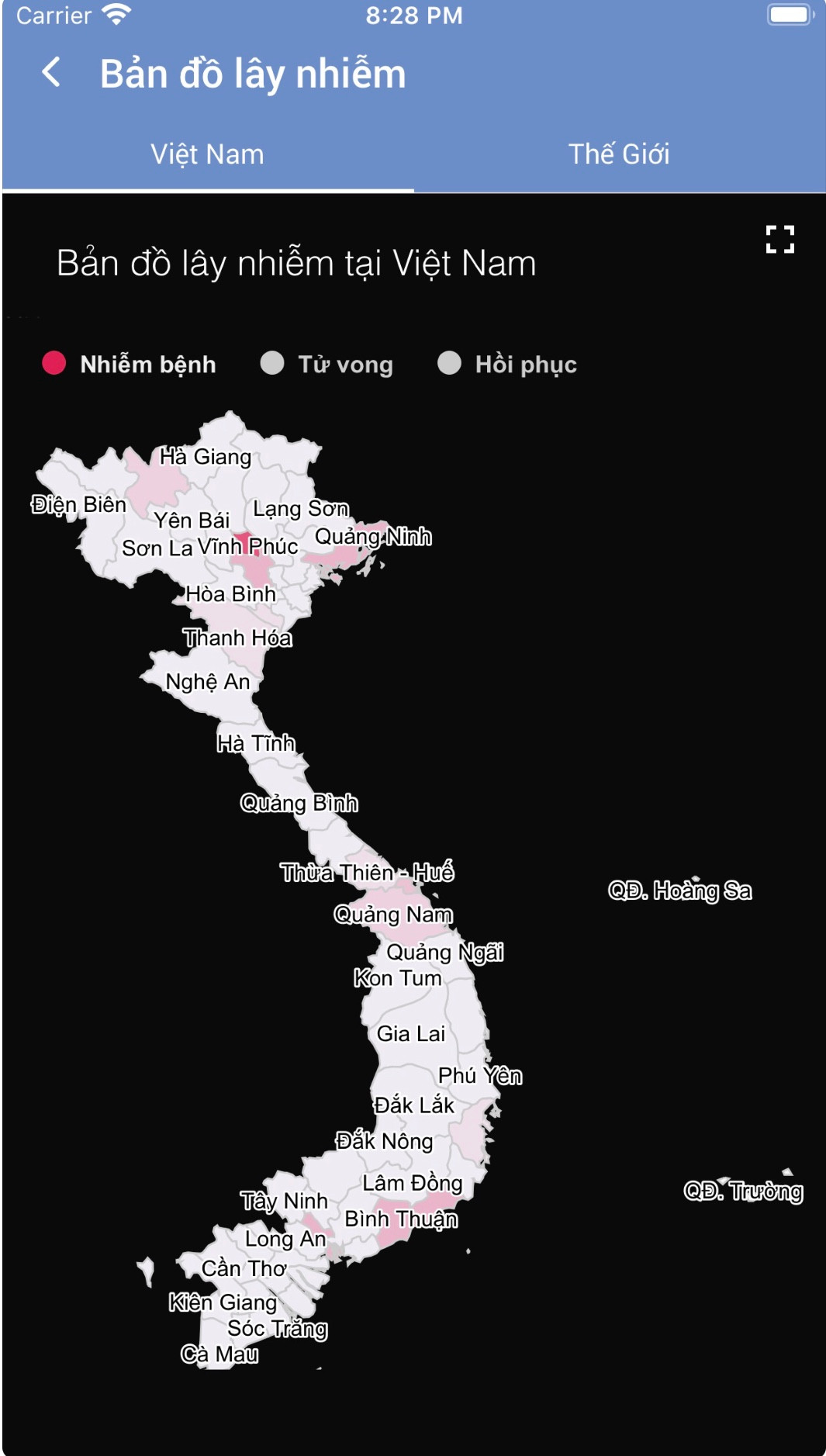 Bản đồ lây nhiễm được cập nhật đầy đủ, cụ thể trên ứng dụng.