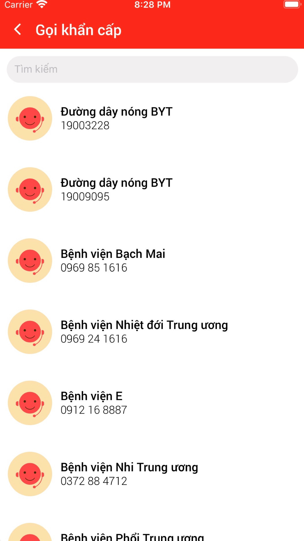 Đường dây nóng của các bệnh viện.