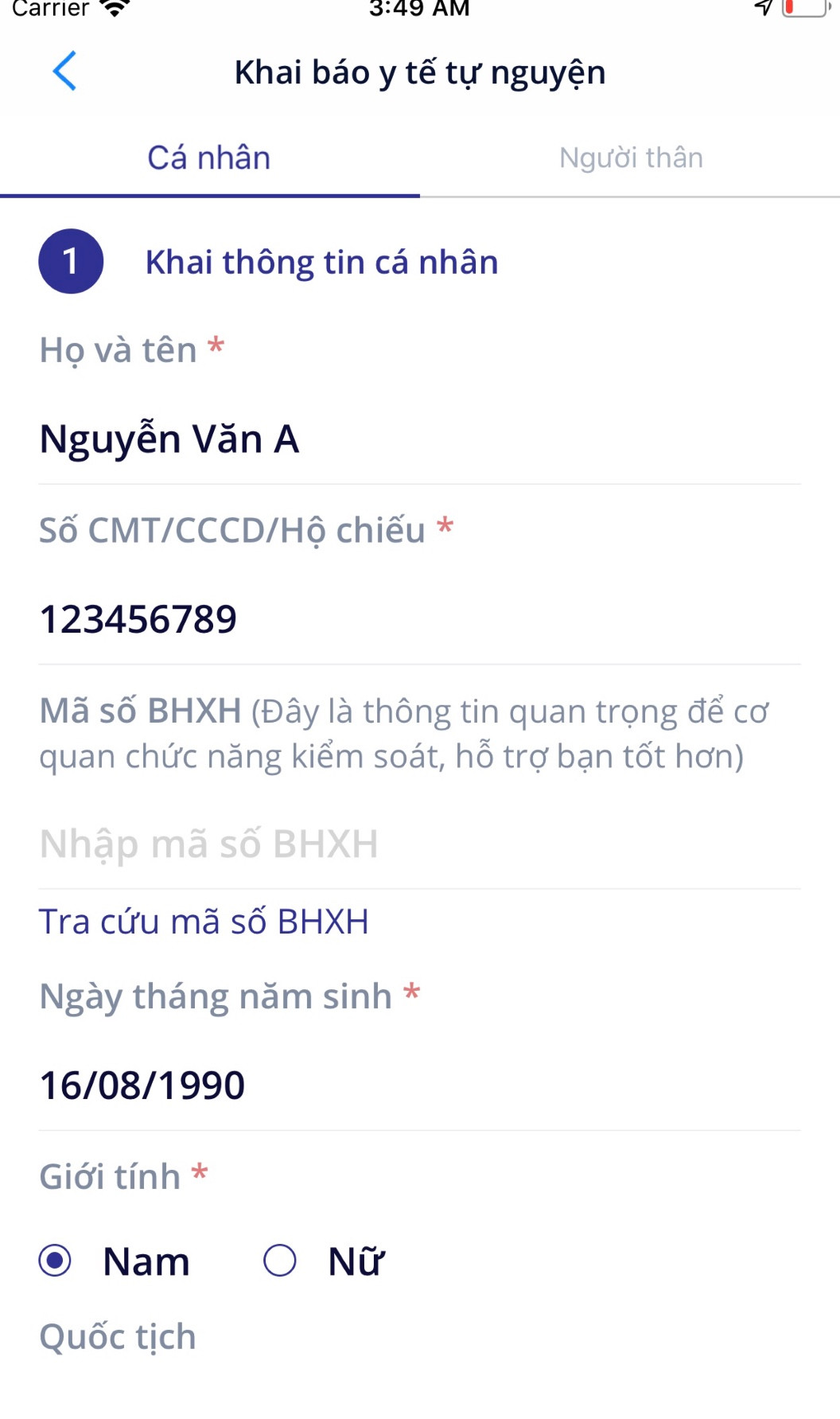 Người dân cung cấp các thông tin cá nhân và tình hình sức khỏe của bản thân trong mục “Khai báo y tế toàn dân” ở màn hình chính.