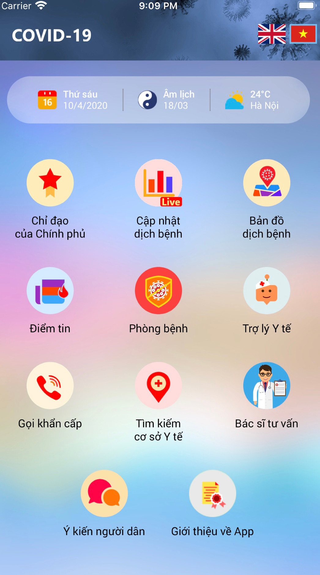 Ứng dụng COVID-19 là sản phẩm miễn phí được phát triển và tài trợ bởi công ty Cổ phần Tiến bộ Quốc tế phối hợp cùng cục CNTT Bộ Y tế nhằm cung cấp công cụ hỗ trợ đắc lực cho người dân trong việc phòng chống dịch viêm đường hô hấp cấp do virus Corona chủng mới gây ra.