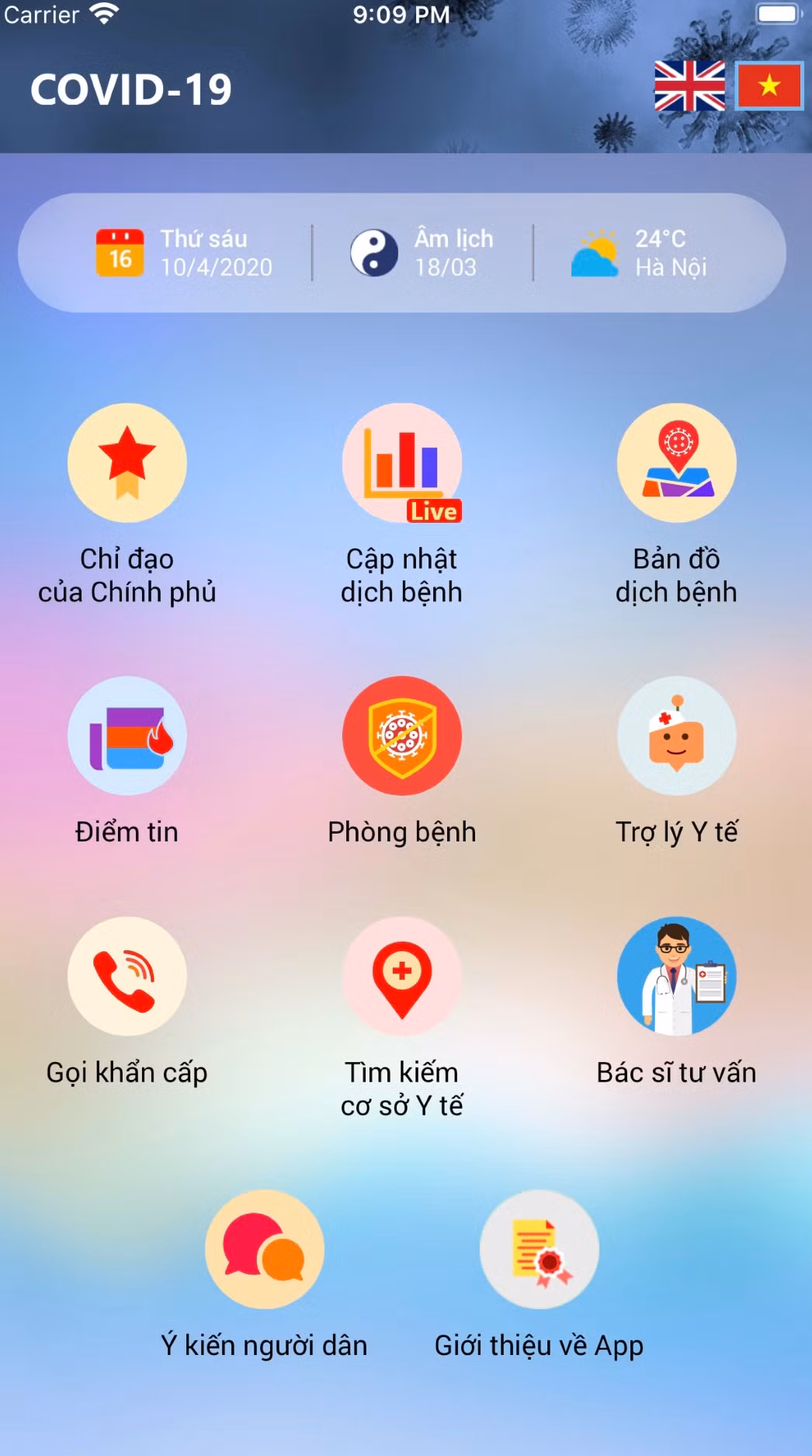 Ứng dụng COVID-19 là sản phẩm miễn phí được phát triển và tài trợ bởi công ty Cổ phần Tiến bộ Quốc tế phối hợp cùng cục CNTT Bộ Y tế nhằm cung cấp công cụ hỗ trợ đắc lực cho người dân trong việc phòng chống dịch viêm đường hô hấp cấp do virus Corona chủng mới gây ra.