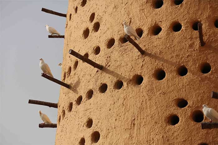 Bên trong tháp bao gồm vô số tổ nhỏ xếp thành lớp đều nhau như bàn cờ, dọc theo các bức tường. Việc bố trí các chuồng chim kiểu bàn cờ này giúp sử dụng hiệu quả không gian, tối đa hóa số lượng lỗ và giữ cho trọng lượng cũng như khối lượng vật liệu xây dựng được sử dụng ở mức tối thiểu.