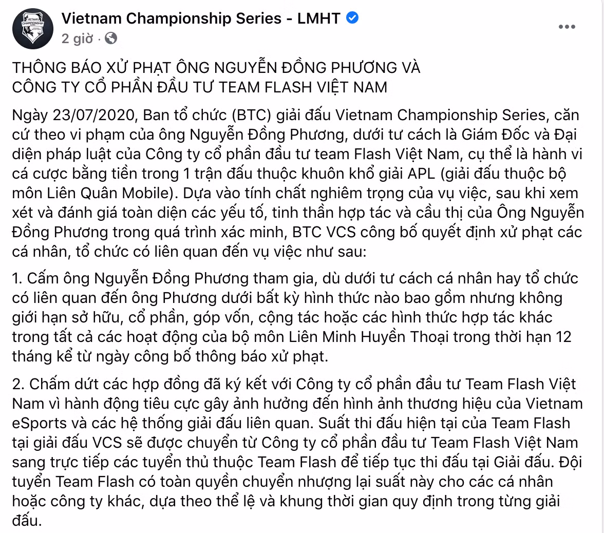 Cụ thể, BTC giải đấu Đấu Trường Danh Vọng công bố hình thức xử phạt đối với ông Nguyễn Đồng Phương và Công ty cổ phần đầu tư Team Flash Việt Nam, đơn vị sở hữu đội tuyển Thể thao điện tử của bộ môn Liên Quân Mobile.