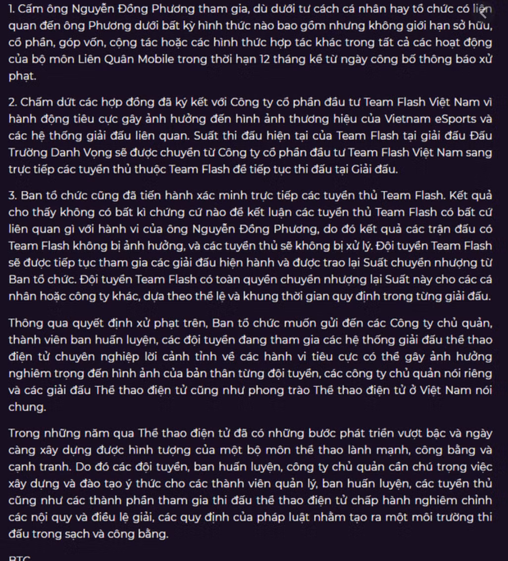 Sau 2 tuần xác minh, BTC chính thức kết luận ông Nguyễn Đồng Phương đã vi phạm nghiêm trọng quy định và điều lệ của hệ thống giải đấu Thể thao điện tử của BTC, thông qua việc trực tiếp thực hiện cá cược bằng tiền ở 1 trận đấu có mặt Team Flash tại giải đấu Arena of Valor Premier League 2020.