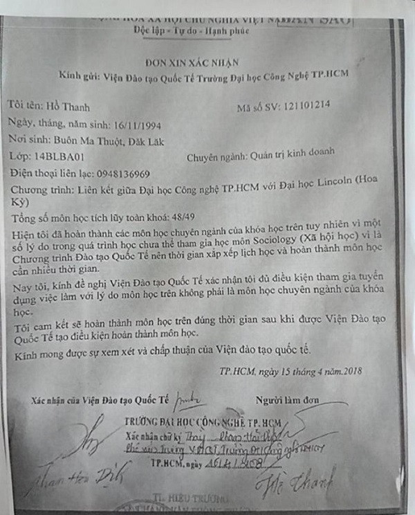 Đơn đề nghị nhà trường xác nhận đã hoàn thành 48/49 môn học của ông Hồ Thanh