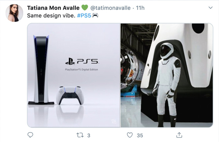 PS5 được thiết kế với 2 màu đen và trắng cùng những cạnh viền được bo tròn, vuốt mềm mại. Ngay khi được giới thiệu, nhiều người nhận ra sự tương đồng trong thiết kế của PS5 với bộ giáp phi hành gia của công ty SpaceX.