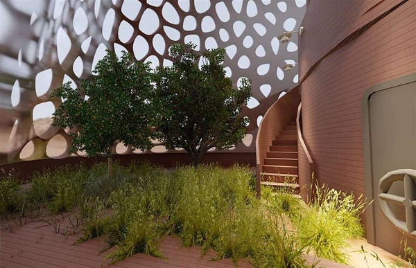 Cầu thang xoắn được thiết kế trong vườn, nơi các phi hành gia có thể trồng cây và sản xuất các loại thức ăn giống như trên Trái Đất.