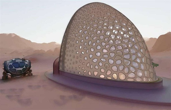 Nhóm Kahn-Yates với bản dựng mô hình nhà trên sao Hỏa, thiết kế được tạo ra để có thể chống chọi với những cơn bão bụi và môi trường khắc nghiệt ở Hành tinh Đỏ.