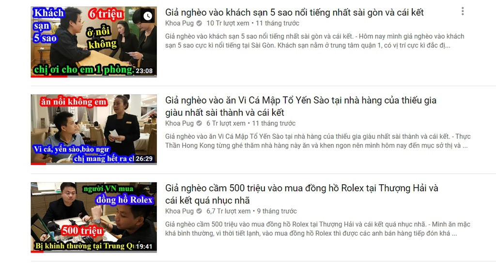 Nội dung xuyên suốt những video của Khoa Pug là “giả nghèo”, đến những nơi xa xỉ sử dụng các dịch vụ cao cấp với vẻ ngoài giản dị. Trong đó, cái kết của Khoa Pug thường gây tranh cãi bằng những thiệt thòi mà YouTuber này phải chịu.
