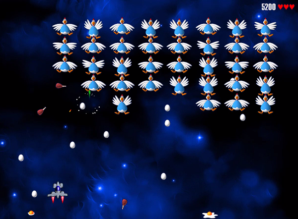 Chicken Invaders với nhiệm vụ của người chơi là tiêu diệt binh đoàn gà, đồng thời tránh những quả bom trứng được thả xuống liên tục.
