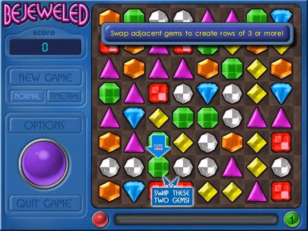 Trước khi có Candy Crush, chúng ta có Kim Cương (Bejeweled) với nhạc nền đa dạng, đơn giản nhưng cực kỳ lôi cuốn.