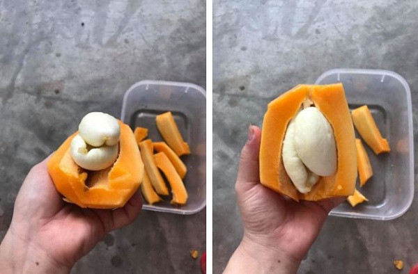 Trên thực tế trường hợp những ''vật thể lạ'' xuất hiện bên trong hoa quả ở Việt Nam không hề hiếm gặp. Trước đó không lâu dân tình từng xôn xao trước hình ảnh quả đu đủ ''dị'' có phần lõi trắng to bên trong ruột thay vì hạt màu đen.