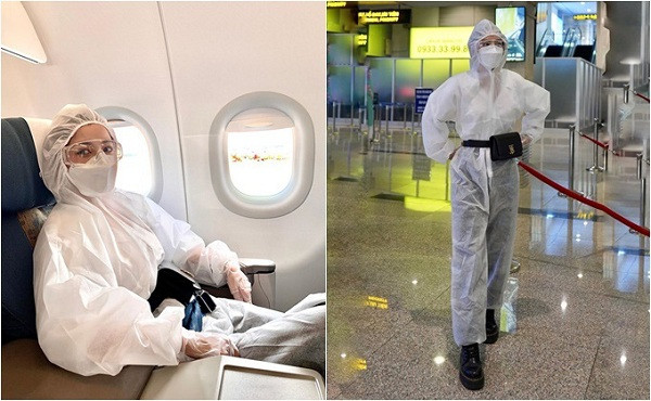 Ngoài nghệ sĩ hài Xuân Bắc, diễn viên Chi Pu cũng từng đăng tải hình ảnh kín mít với đồ bảo hộ nhưng vẫn sành điệu khi bắt buộc phải di chuyển bằng máy bay mùa dịch.