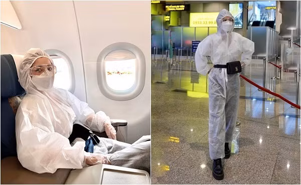 Ngoài nghệ sĩ hài Xuân Bắc, diễn viên Chi Pu cũng từng đăng tải hình ảnh kín mít với đồ bảo hộ nhưng vẫn sành điệu khi bắt buộc phải di chuyển bằng máy bay mùa dịch.