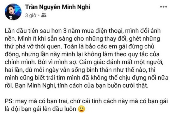 Cụ thể, vào 3h sáng ngày 8/5, MC Minh Nghi bất ngờ đăng tải dòng trạng thái hé lộ chuyện tình cảm với nửa kia.