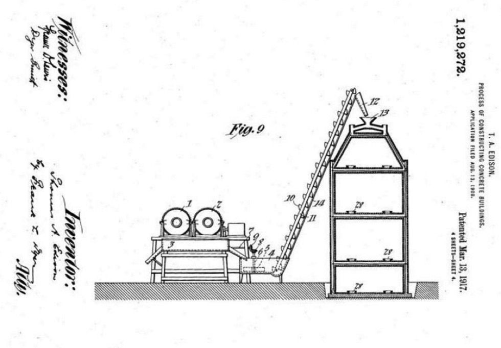 Năm 1910, Edison đã thử nghiệm phần khuôn đổ bê tông giống hệt như cốp pha bây giờ, để xây nhà để xe và một căn nhà nho nhỏ trong dinh thự của mình tại New Jersey rất dễ dàng. Nguyên lí xây dựng cơ bản rất giống với quy trình in 3D ngày nay.