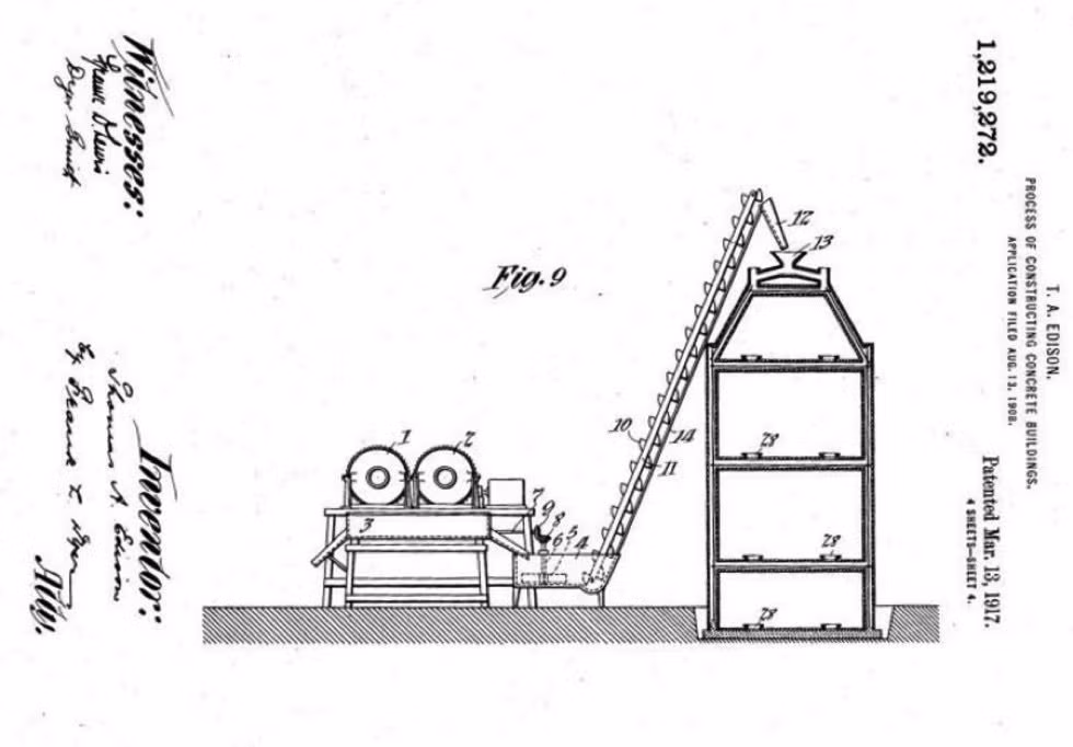 Năm 1910, Edison đã thử nghiệm phần khuôn đổ bê tông giống hệt như cốp pha bây giờ, để xây nhà để xe và một căn nhà nho nhỏ trong dinh thự của mình tại New Jersey rất dễ dàng. Nguyên lí xây dựng cơ bản rất giống với quy trình in 3D ngày nay.