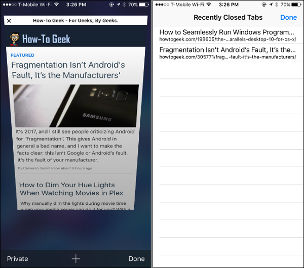 Mở lại tab đã đóng trong Safari: Nếu lỡ tay đóng một tab đang cần xem, chỉ cần vào trang duyệt tab rồi bấm giữ nút mở tab mới, danh sách các tab hiện có sẽ hiện ra cho phép lựa chọn mở lại các tab đã bị đóng