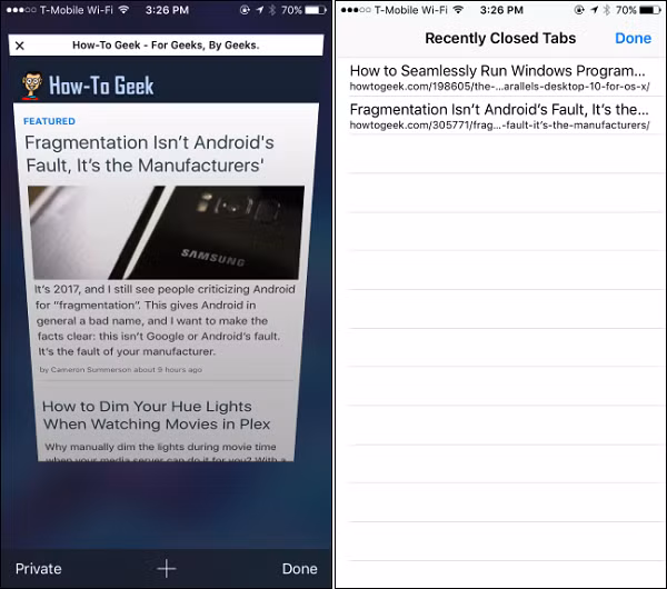 Mở lại tab đã đóng trong Safari: Nếu lỡ tay đóng một tab đang cần xem, chỉ cần vào trang duyệt tab rồi bấm giữ nút mở tab mới, danh sách các tab hiện có sẽ hiện ra cho phép lựa chọn mở lại các tab đã bị đóng